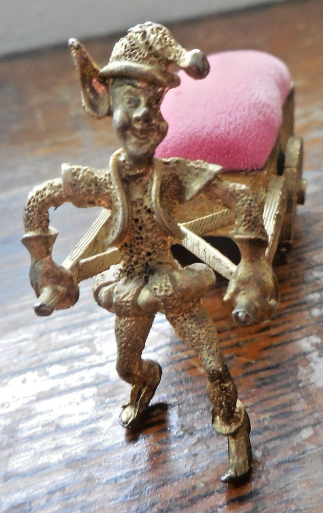 Vintage Pixie Elf Pulling Pin Cushion Cart SF Sam Fink