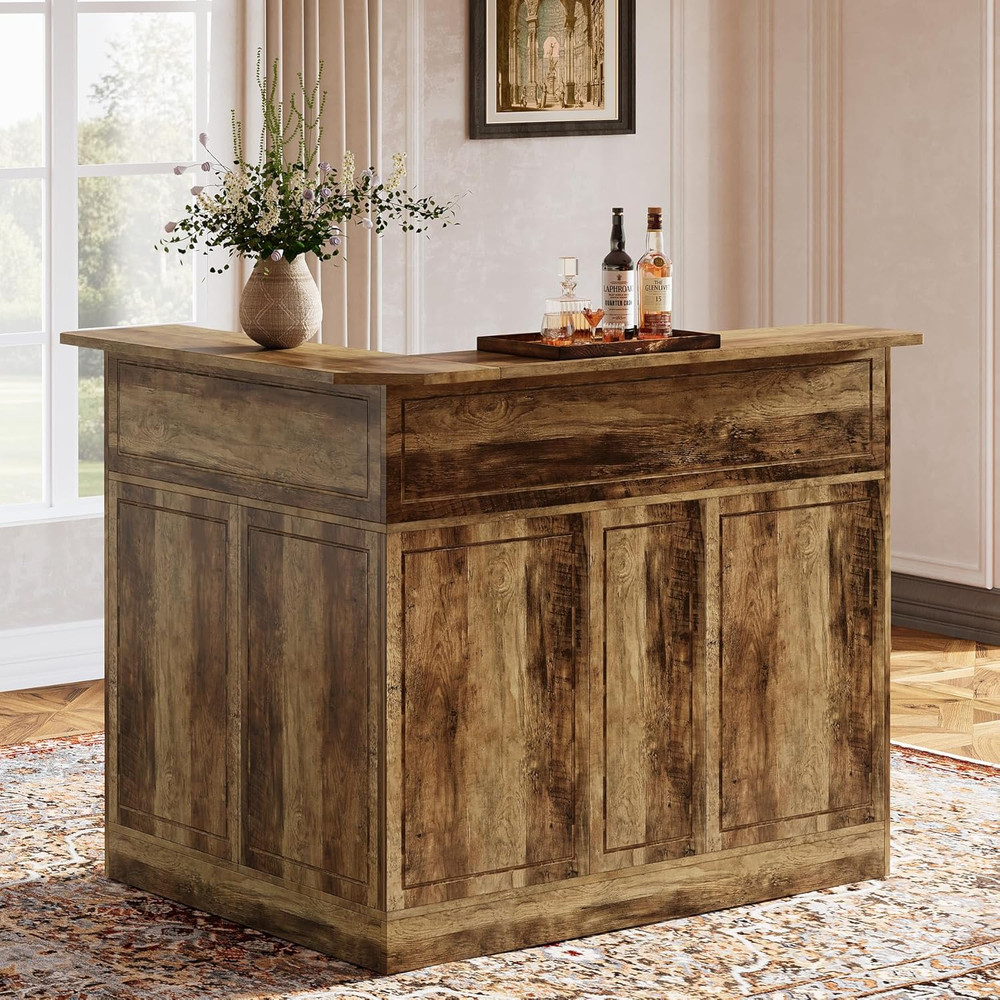 Bar Cabinet, L-Shaped Home Bar Table with Stemware Racks, 4-Tier Corner Bar Unit