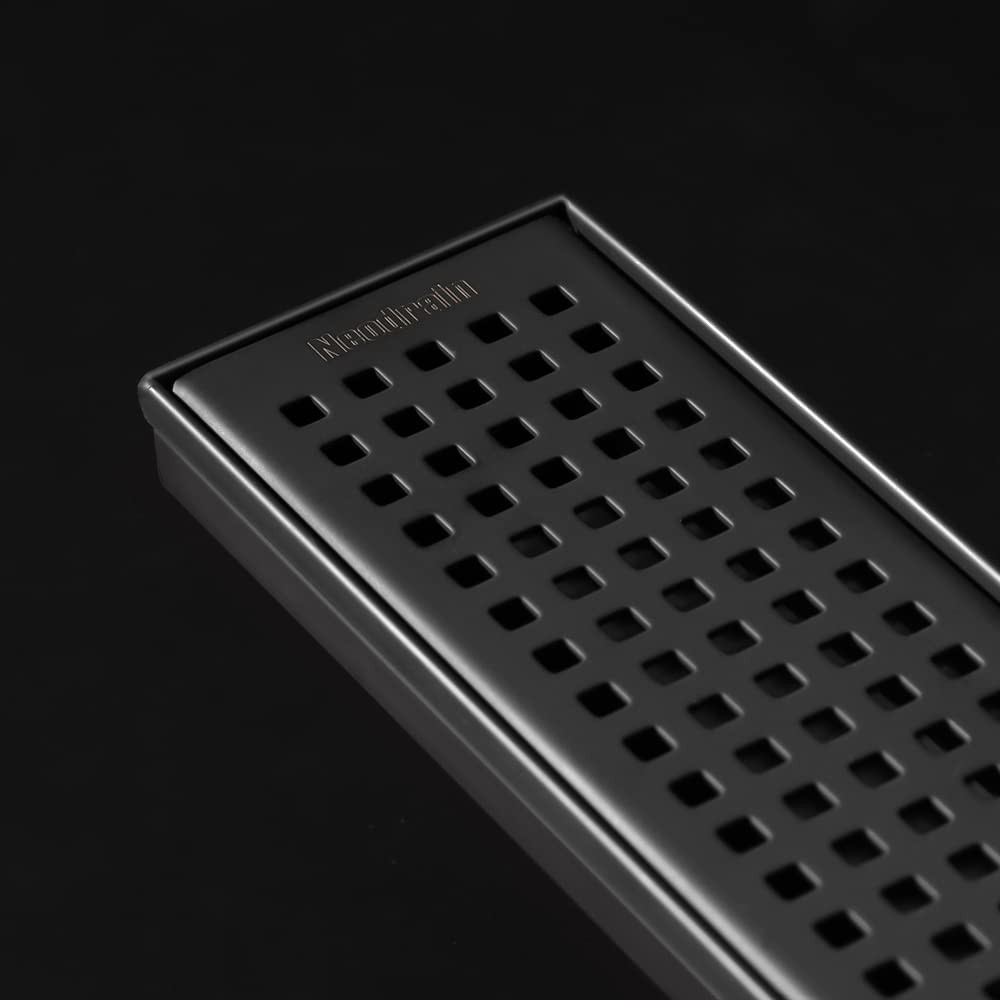 Neodrain 18-Inch Black Linear Shower Drain with Removable Quadrato Pattern Gr...
