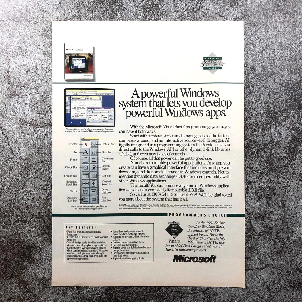 1992 Microsoft Visual Basic Powerful Windows System PRINT AD Retro Computers PC