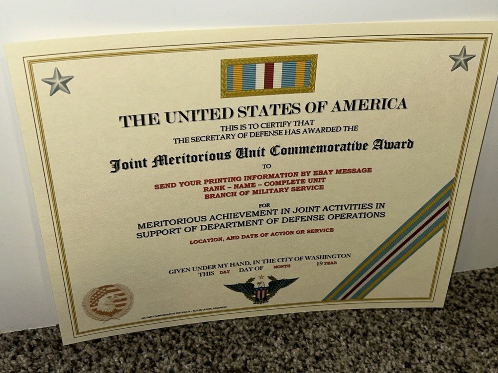 JOINT MERITORIOUS UNIT COMMEMORATIVE AWARD CERTIFICATE ~W/PRINTING T-1