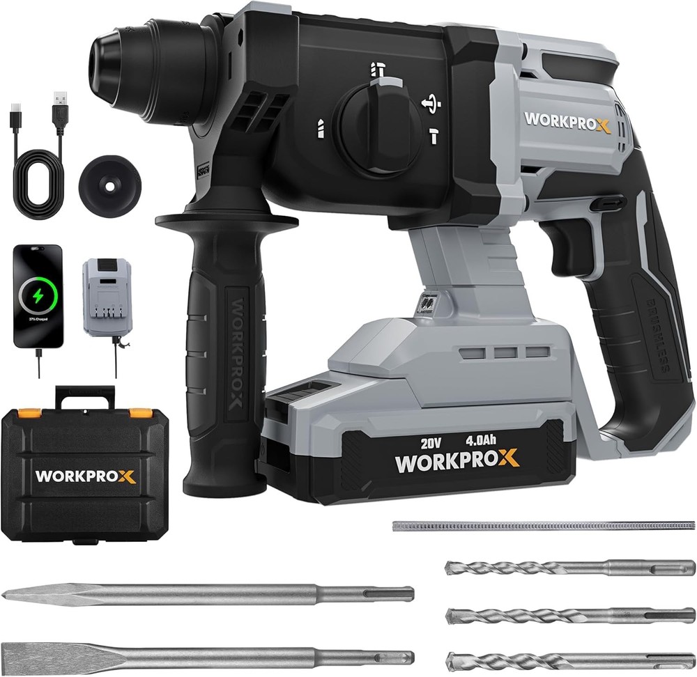 20V Cordless Rotary Hammer Drill with 4 Functions - Lightweight & Powerful