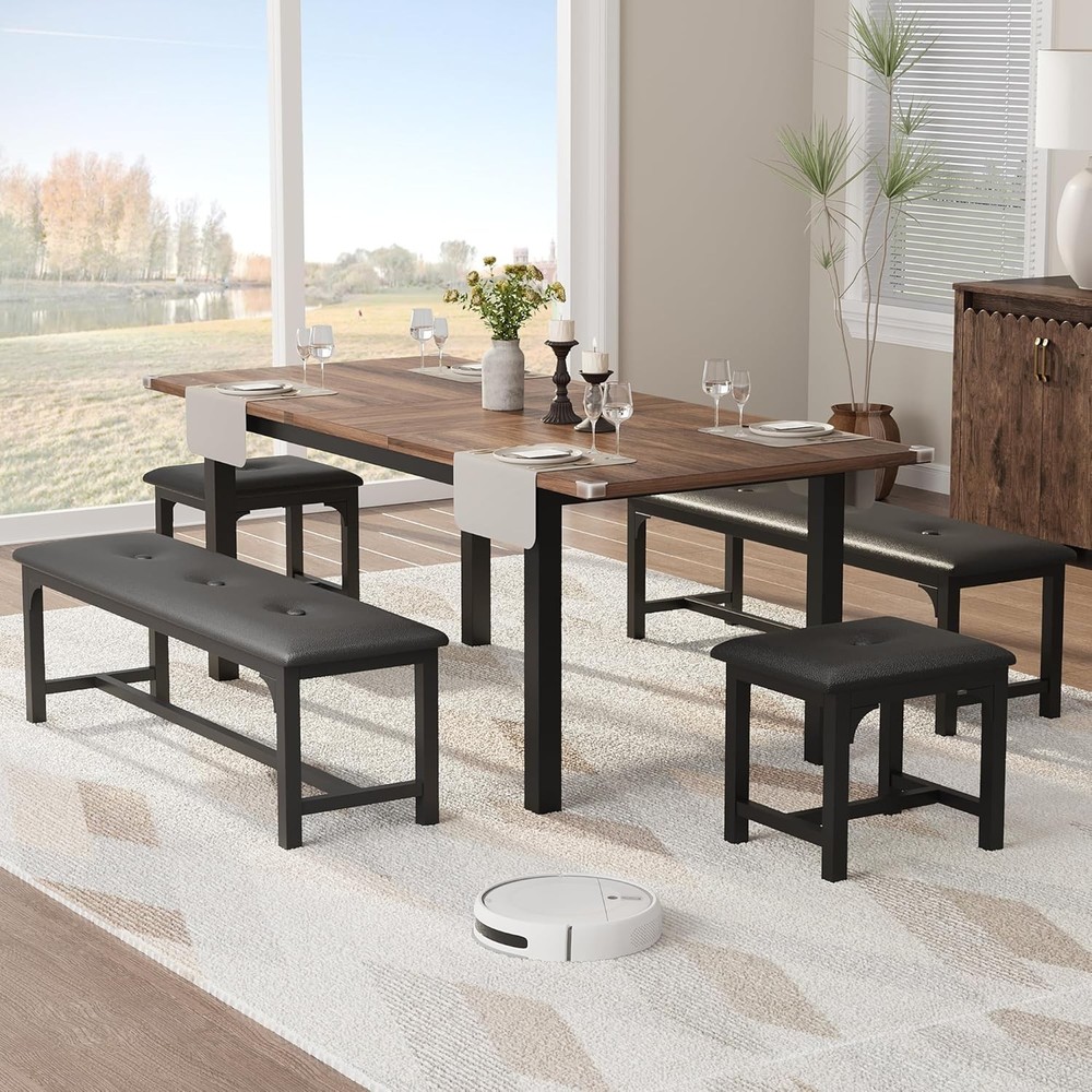 Extendable Dining Table Set 47"-63", 5 Piece with Upholstered Benches for 6-8