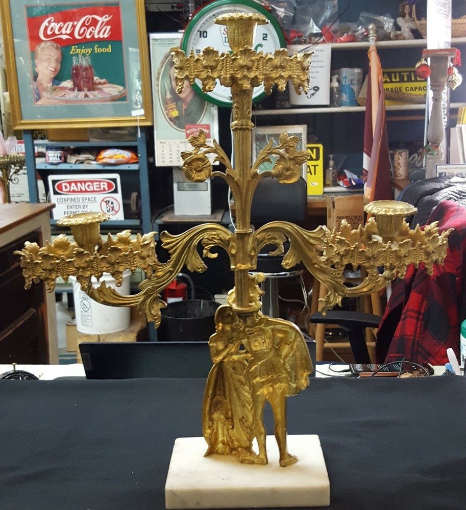Antique Ornate Solid Brass Candelabra with Renaissance Design on Marble Base