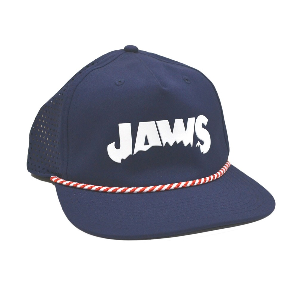 Universal Studios Jaws 50th Anniversary Logo Hat Navy Flat Bill Cap Adjustable