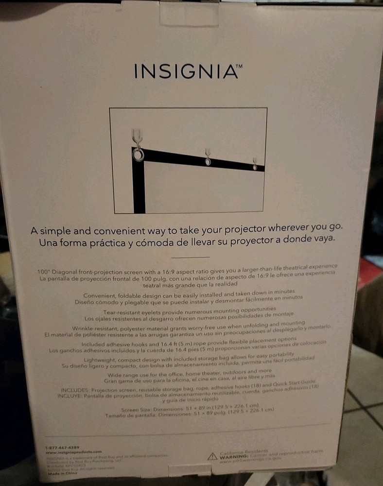 Insignia Portable Folding Projection Screen 100” Screen 16.9