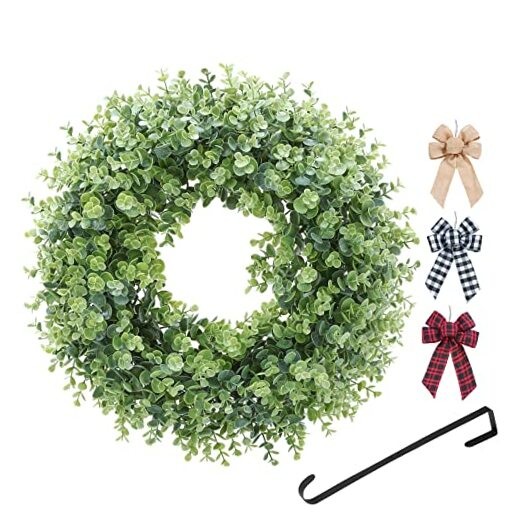 Boxwood Wreath,3 Interchangeable Bows -1-Hanger .Artificial Spring, Green