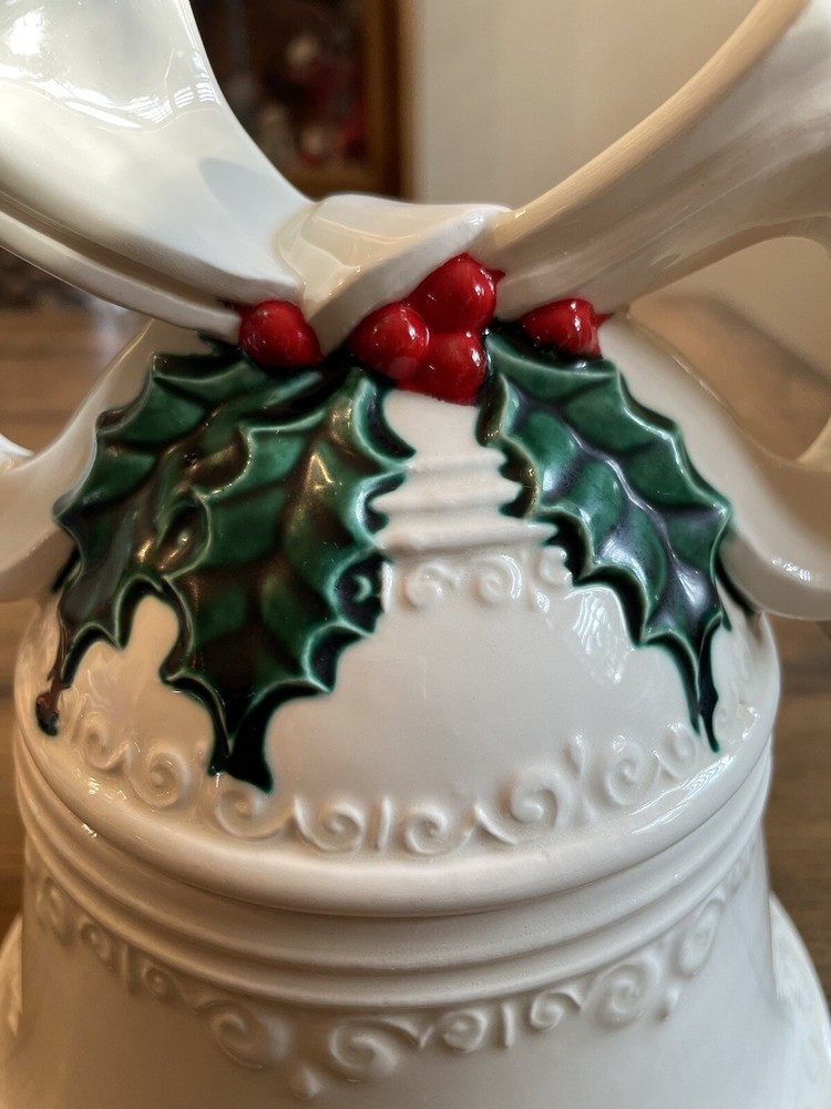 Christmas Bell Cookie Jar With Bow 8” Tall Ceramic
