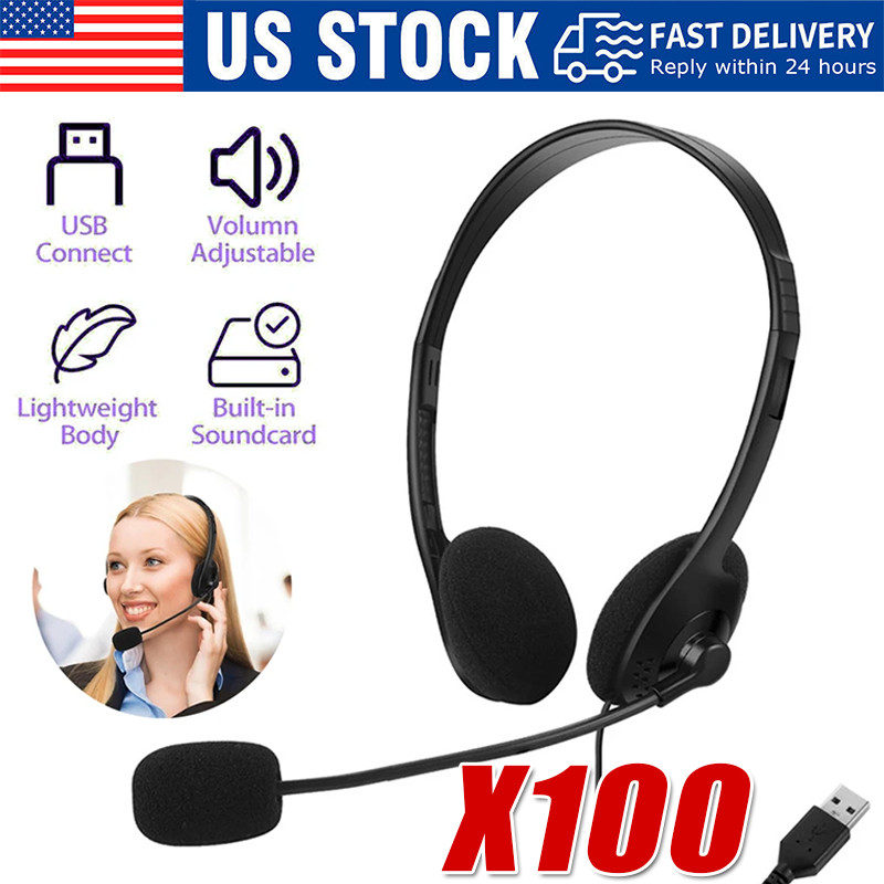 USB Headset Headphone  Microphone Noise Cancelling For PC Computer Call Chat LOT