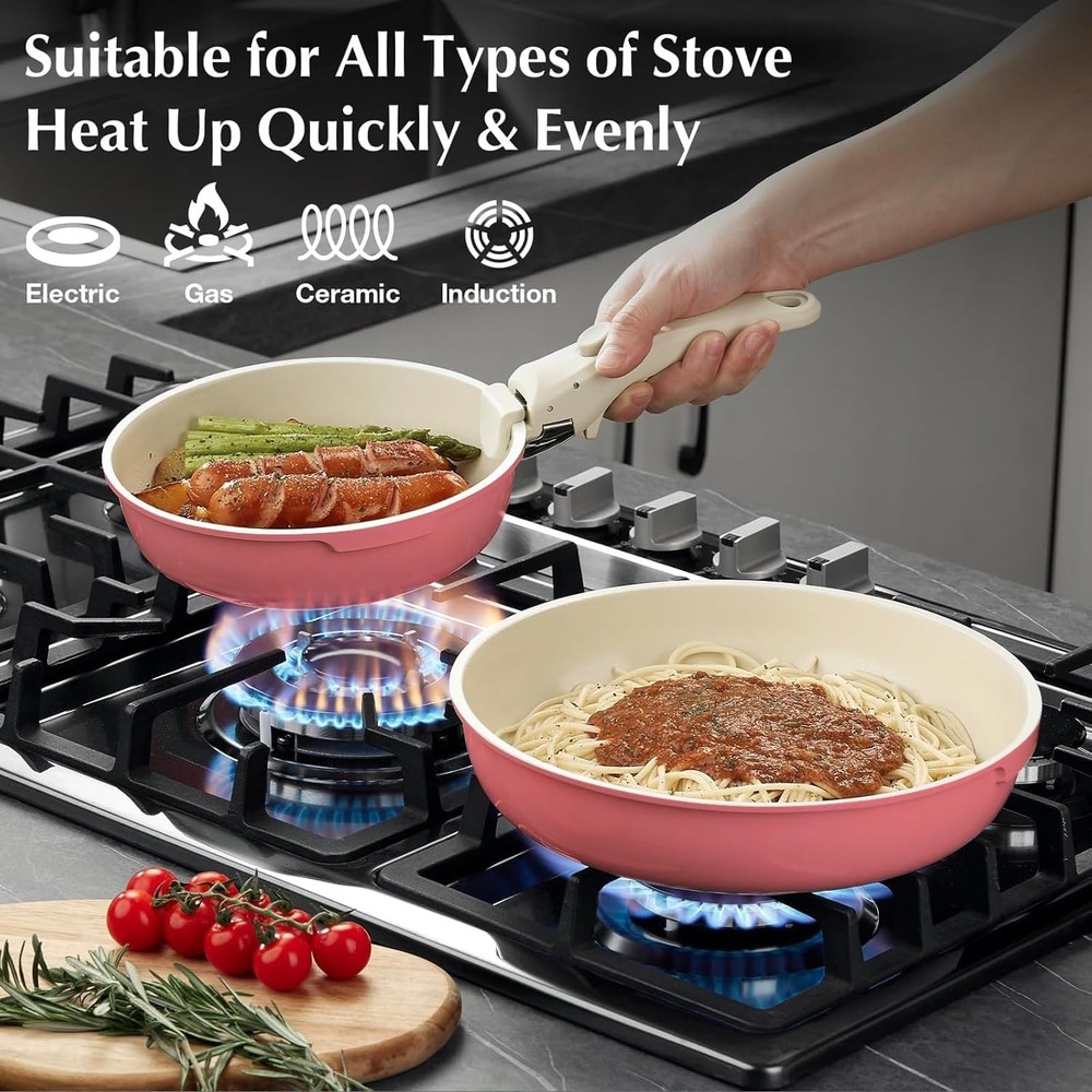 Ceramic Pots & Pans Set Non Stick 7 Pcs Nonstick Cookware Set Detachable Handle