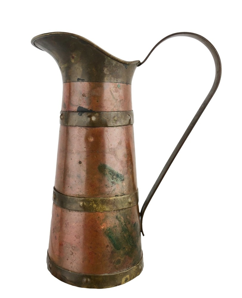 Vintage Copper & Brass Banded Pitcher 8.5"