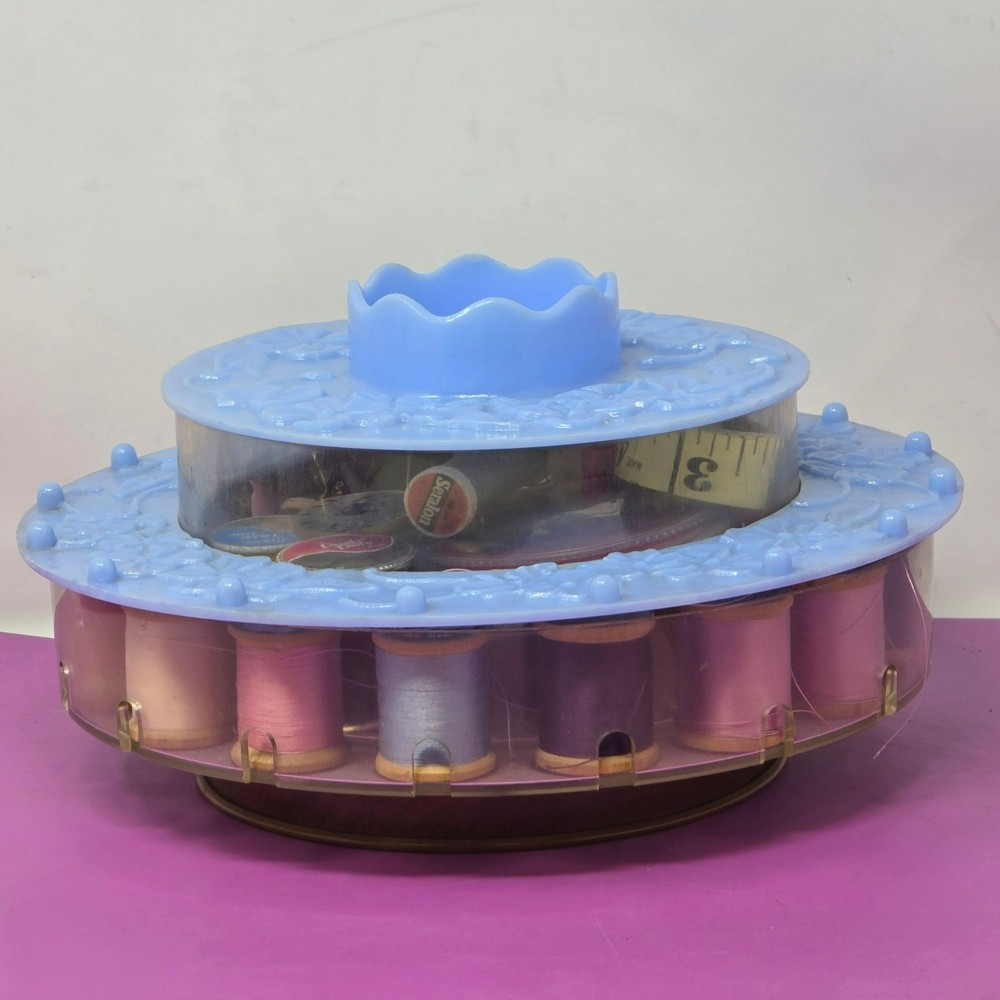 Vintage Blue Rotating Sewing Thread Organizer Spool Holder Threads Accessories