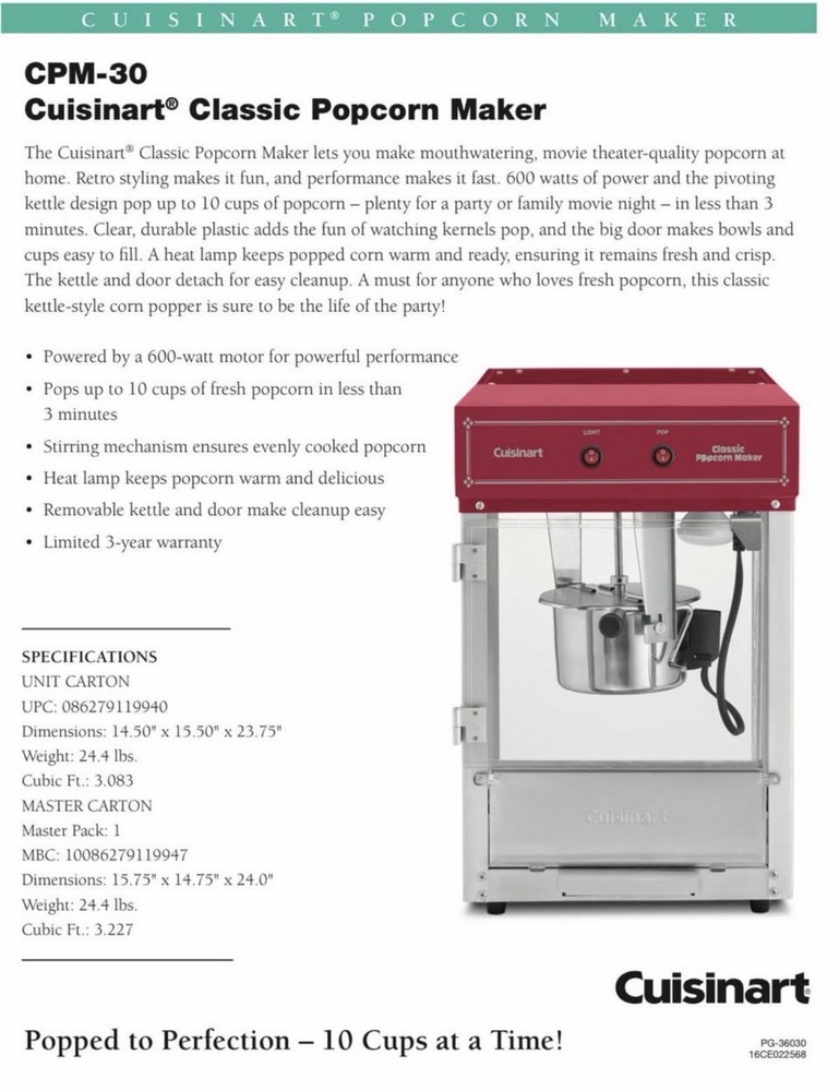 CPM-30 Cuisinart Classic Popcorn Maker - 10 Cup