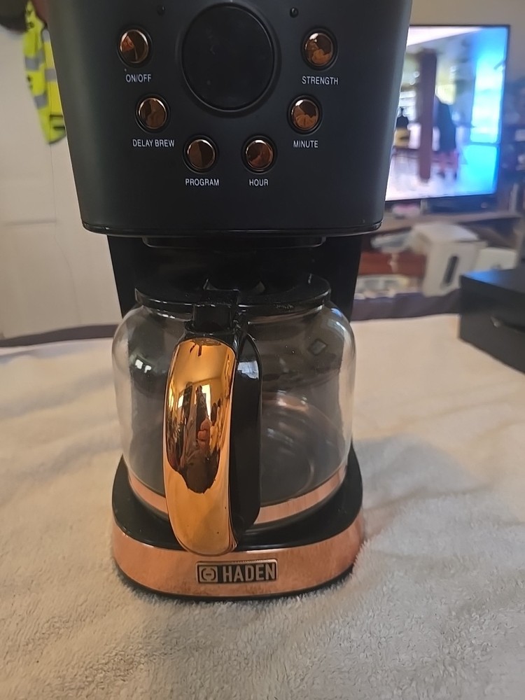 Haden Coffee Machine, 12 Cup Programmable Drip Coffee Maker, Black & Copper