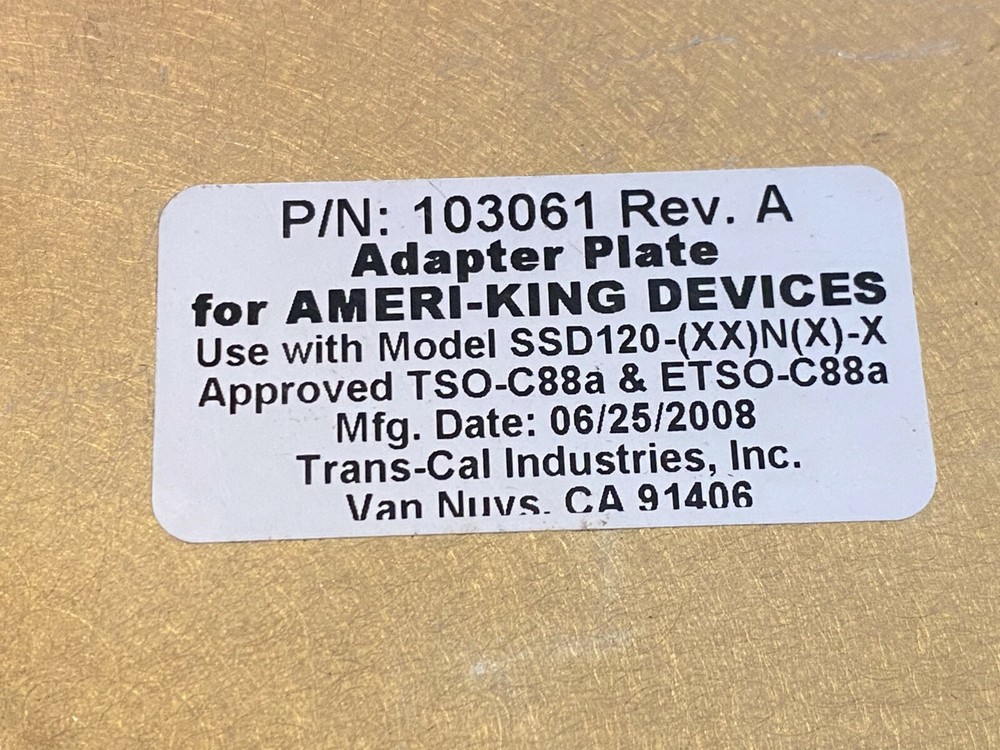 TCI ADAPTER PLATE P/N 103061 REV A FOR AMERI-KING DEVICES USE WITH SSD-120