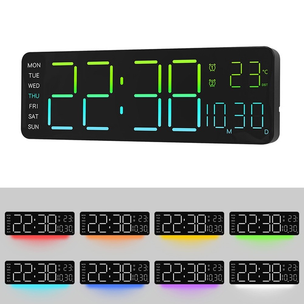 Digital RGB Wall Clock with Remote Control Temp Date Week Adjustable Brightness