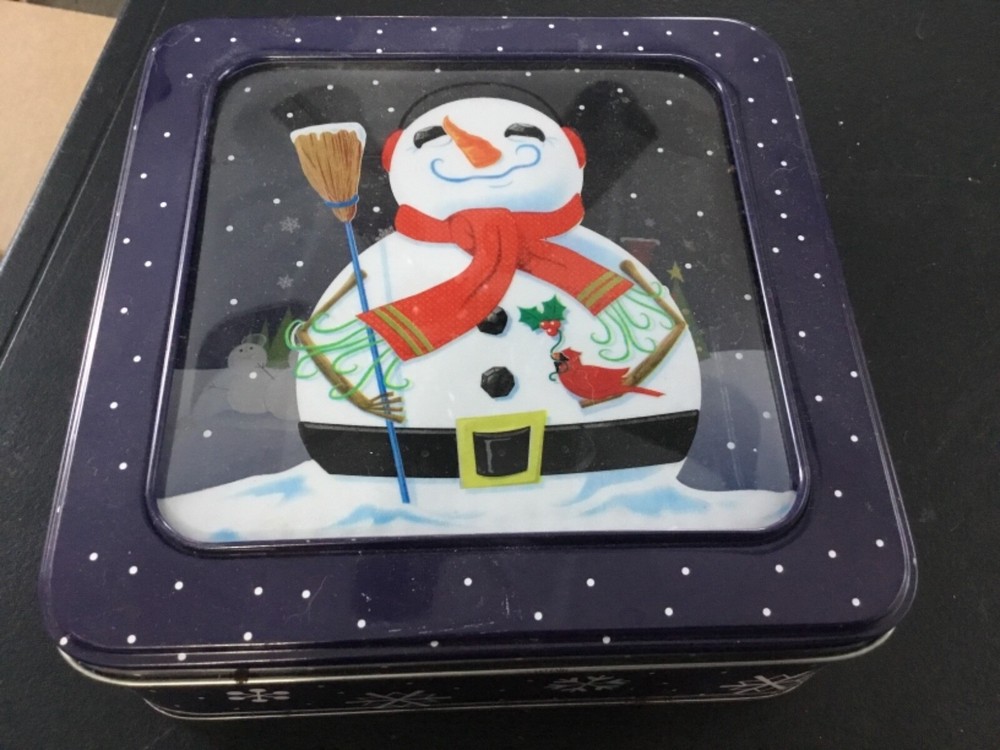 Snowman Metal Tin With Plastic Window Top