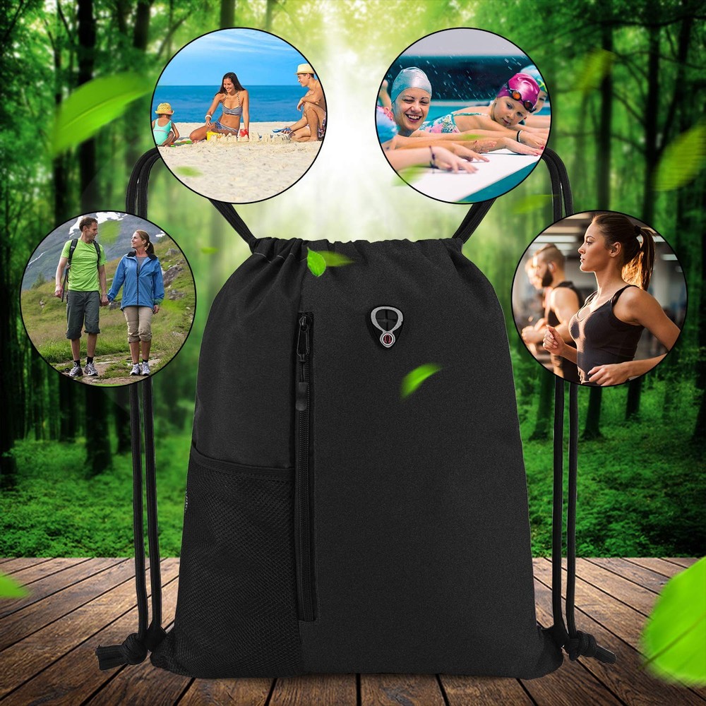 BeeGreen Black Drawstring Backpack Gym Bag For Men Women String Large,