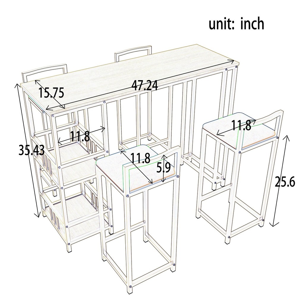 5 Piece Bar Table Set Counter Height Kitchen Rectangle Table with 4 Bar Chairs