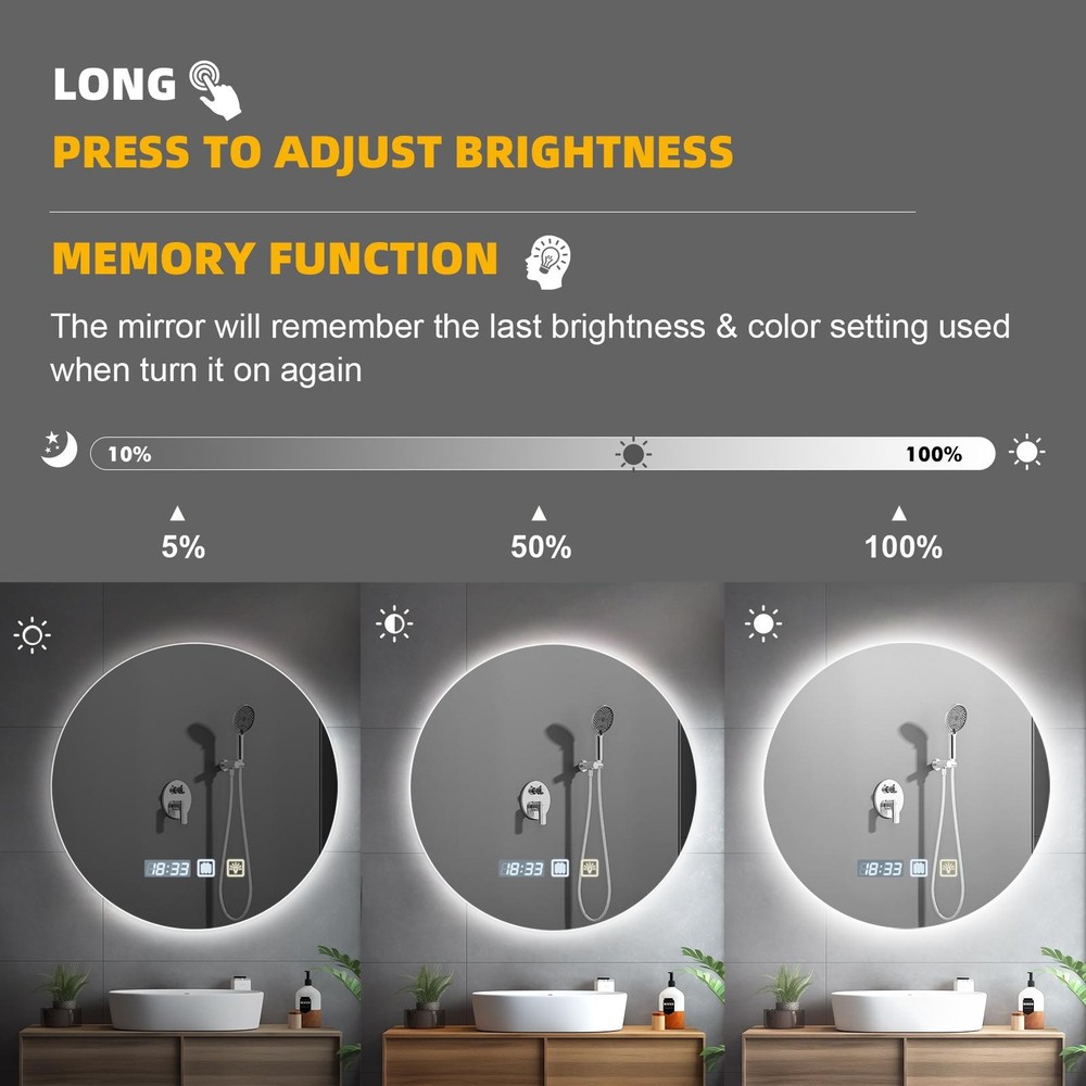 3 Color LED Lighted Bathroom Mirror,Smart Memory Function,Anti-Fog Vanity Mirror