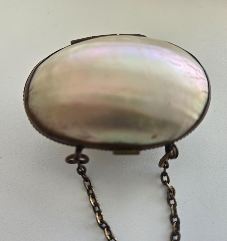 Antique MOP Shell Brass Thimble Holder Chatelaine Chain Figural Silver Thimble