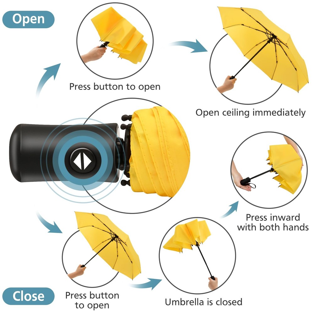 HEXSOLID Windproof Travel Umbrella Compact Umbrellas for Rain 46inch, Yellow