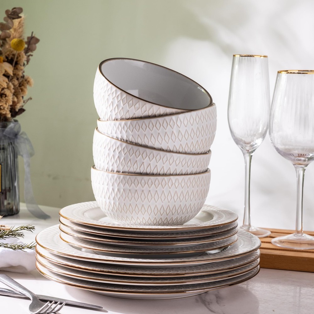 Ceramic Dinnerware Sets,12 pcs Embossed Elegant Stoneware Plates and Bowls Se...