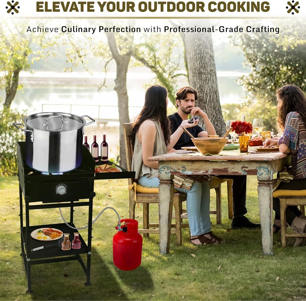 Single Burner Propane Camping Stove - with Side & Bottom Shelf and Wind Panel