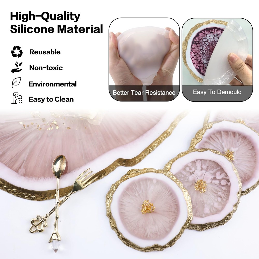 Resin Coaster Molds Silicone,4 Pcs Geode Irregular Edge Epoxy Coaster Molds f...
