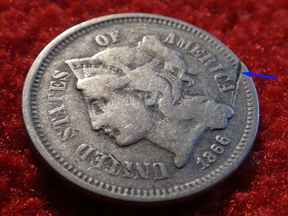 1866 Three Cent Nickel Detached Lamination Error! #3427