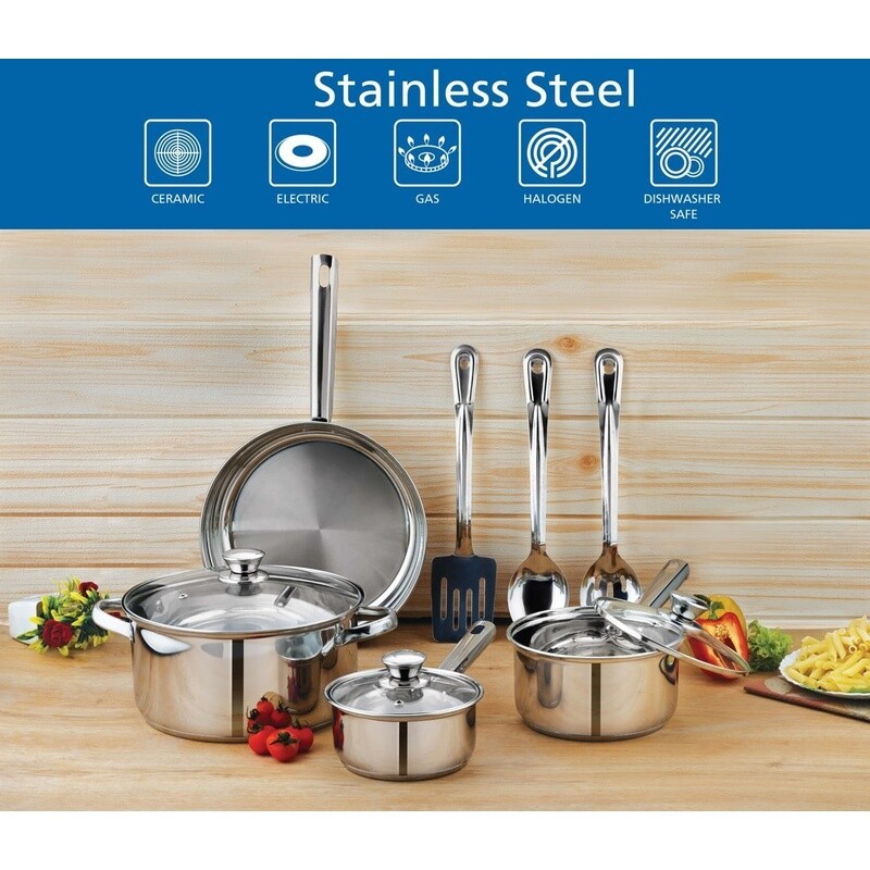 Stainless Steel 10Pc Cookware Set Induction Safe Essential Kitchen Cookware Set