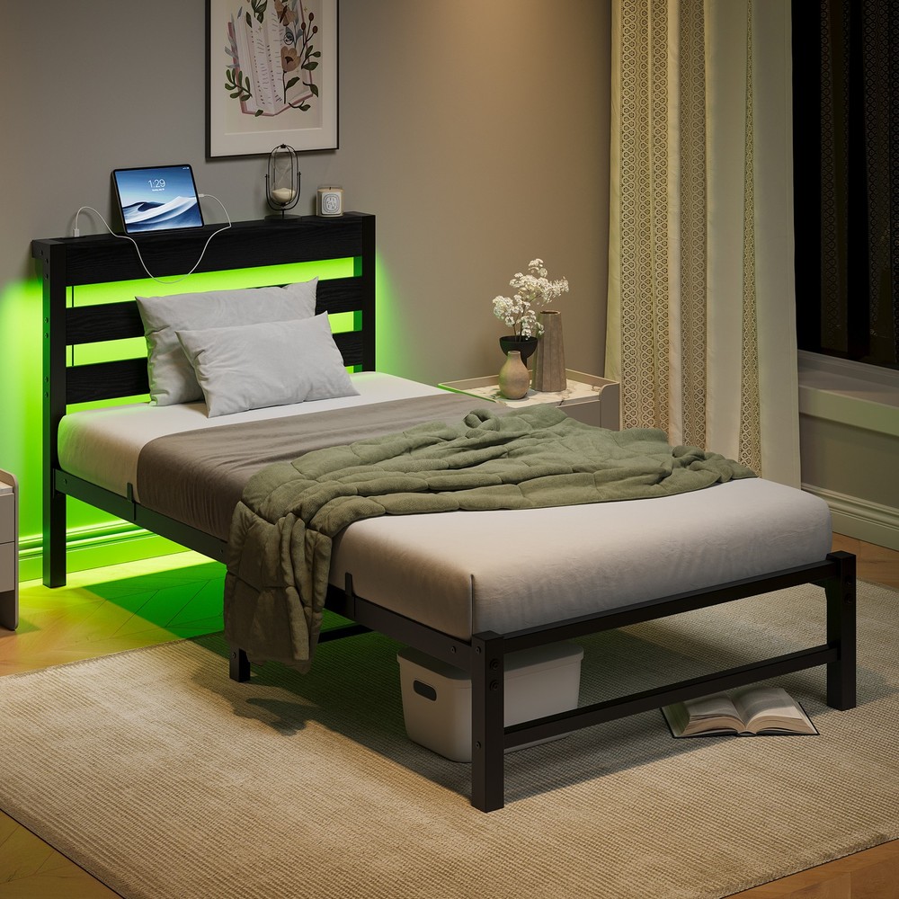 Twin Size Bed Frame Heavy Duty Platform Bed Frame with Headboard, USB Charging S