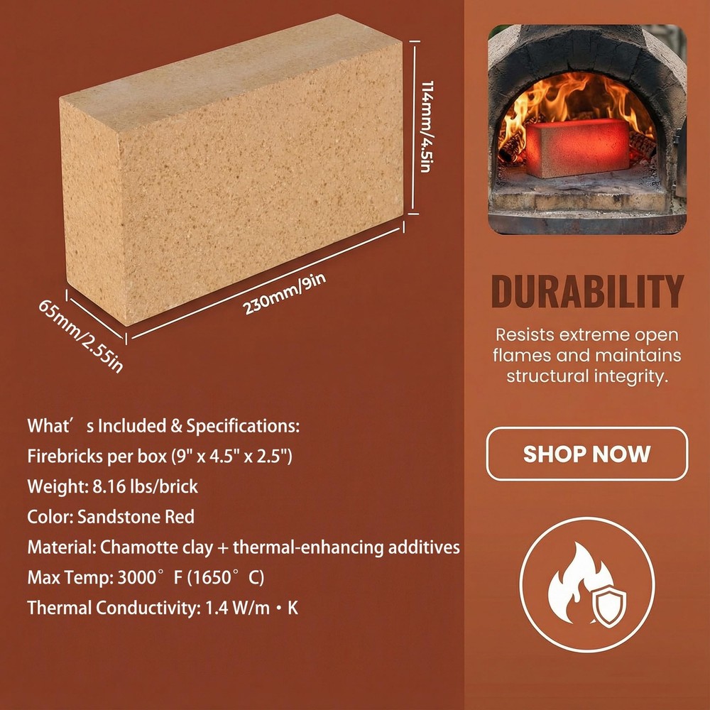 4-Pack High Temp Firebricks 3000°F Insulating 9"x4.5"x2.5"Fireclay Refractory...