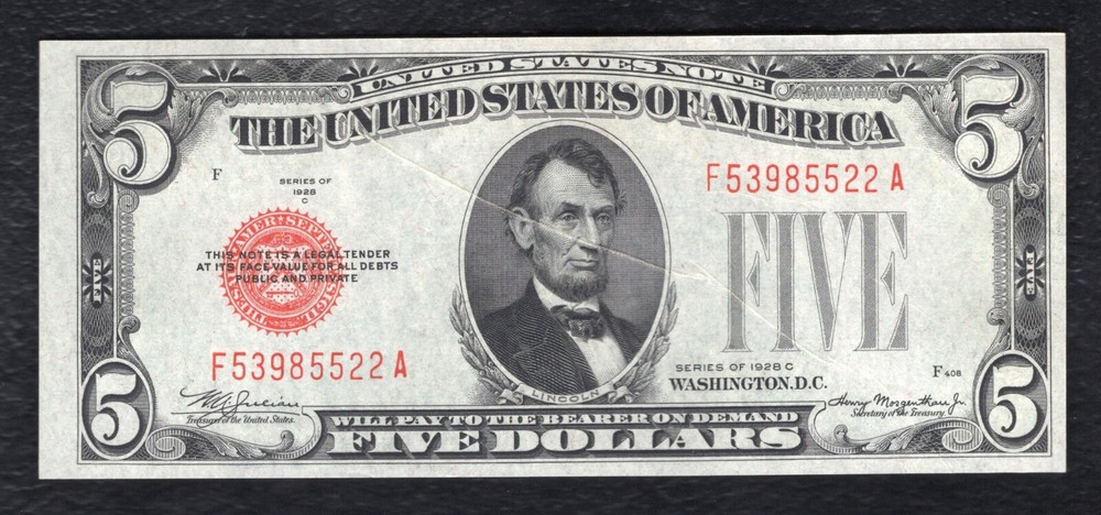 1928-C $5 LEGAL TENDER UNITED STATES NOTE “GUTTER FOLD ERROR” UNCIRCULATED