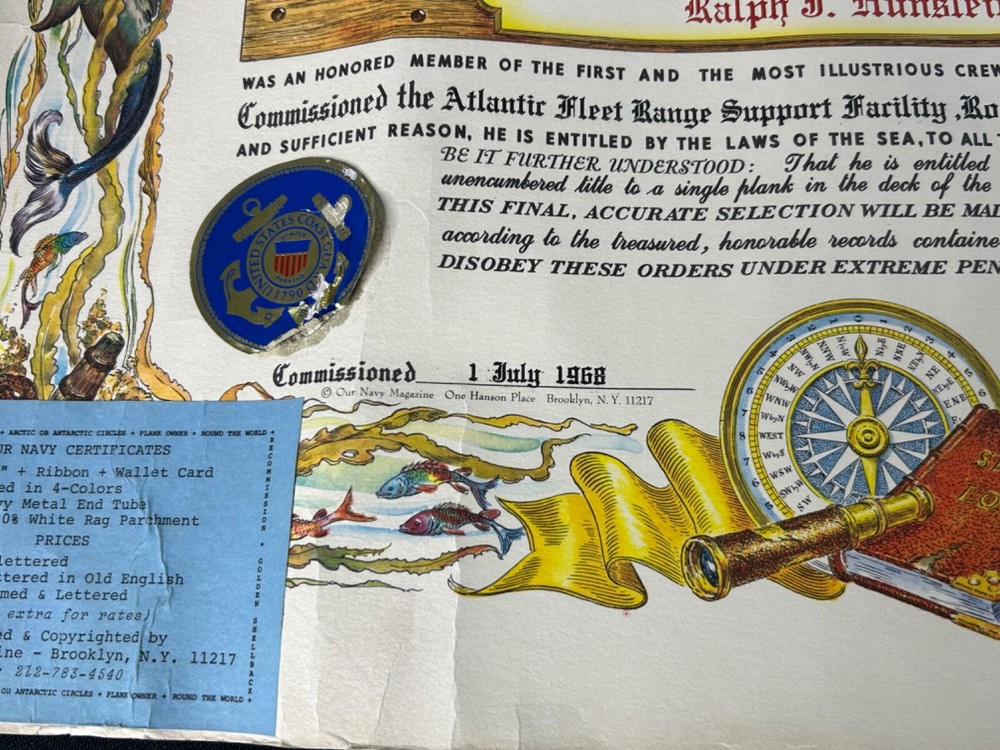 1968 USCG Atlantic Fleet Range Support Facility Plank Owner Certificate
