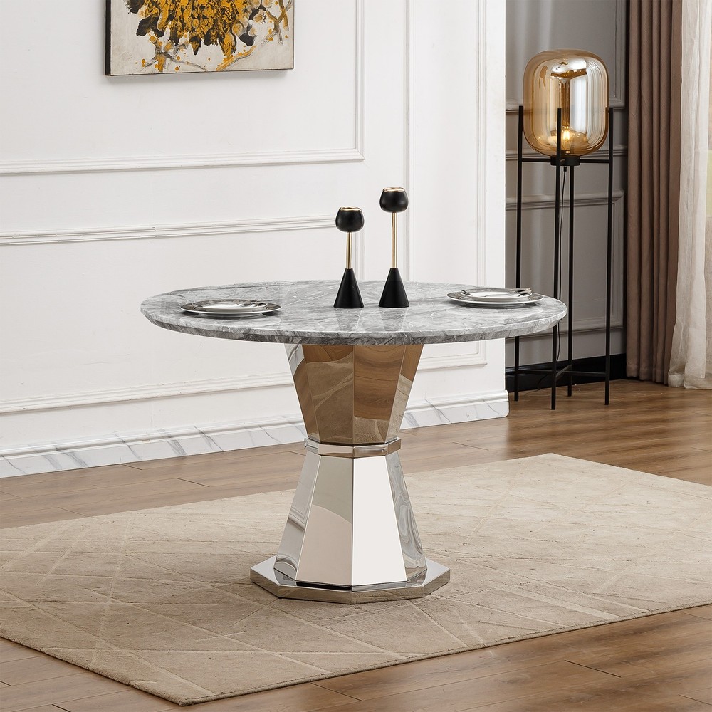 47" Round Marble Dining Table, Modern Kitchen Table with High Gloss Faux Marbl