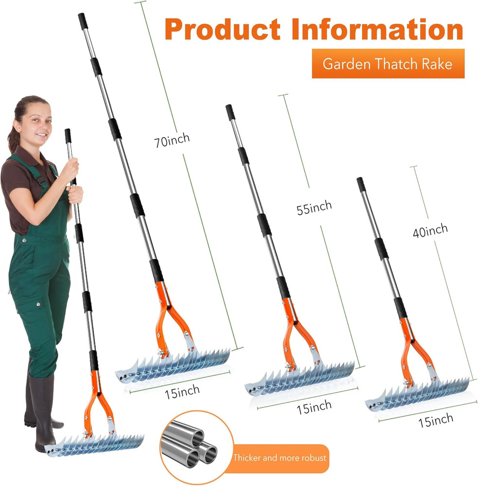 Thatch Rake,15" Lawn Dethatcher Rakes,Dead Grass Remover,Manual Dethatching Rake