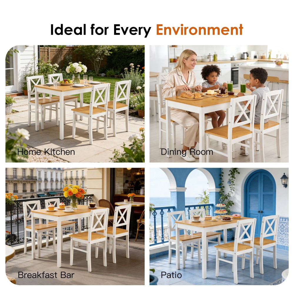5 Piece Solid Wood Dining Table Set with 4 Chairs Ancient White Space Saving