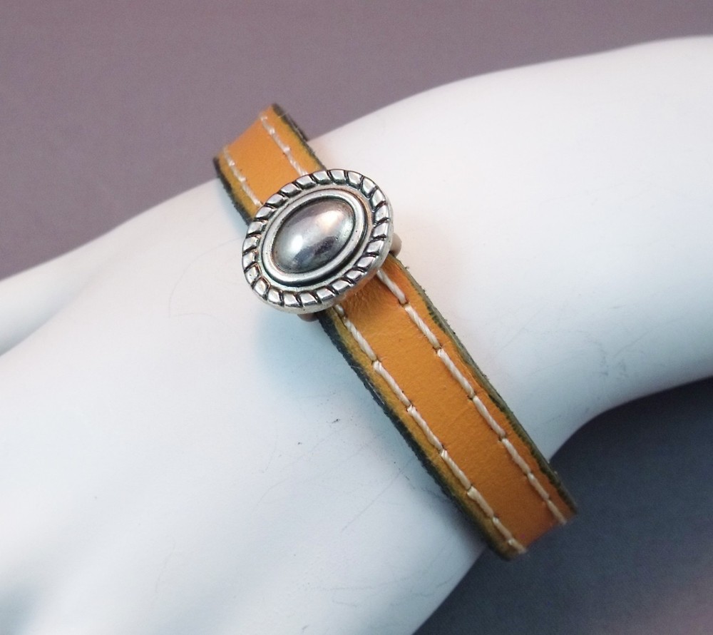 Handcrafted Stitched Orange Leather with Silver Slide