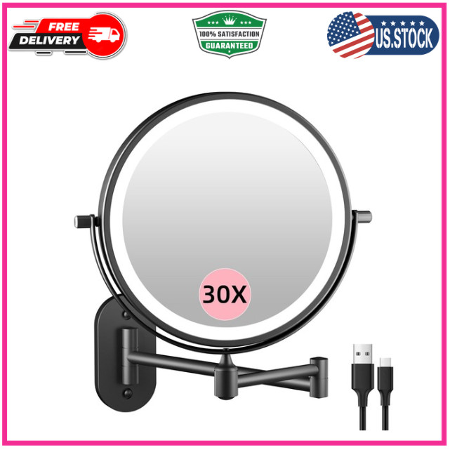1X/30X Wall Mounted Makeup Mirror with Light, 8 Rechargeable Double-Sided Ma...