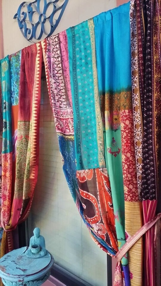 2 Pcs Indian Sari Patchwork Curtain Drape Window Decor Multi Silk Sari Curtain
