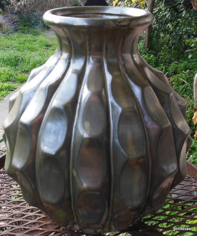 NEW Melon Shape Vase Container Green Burnished 9"