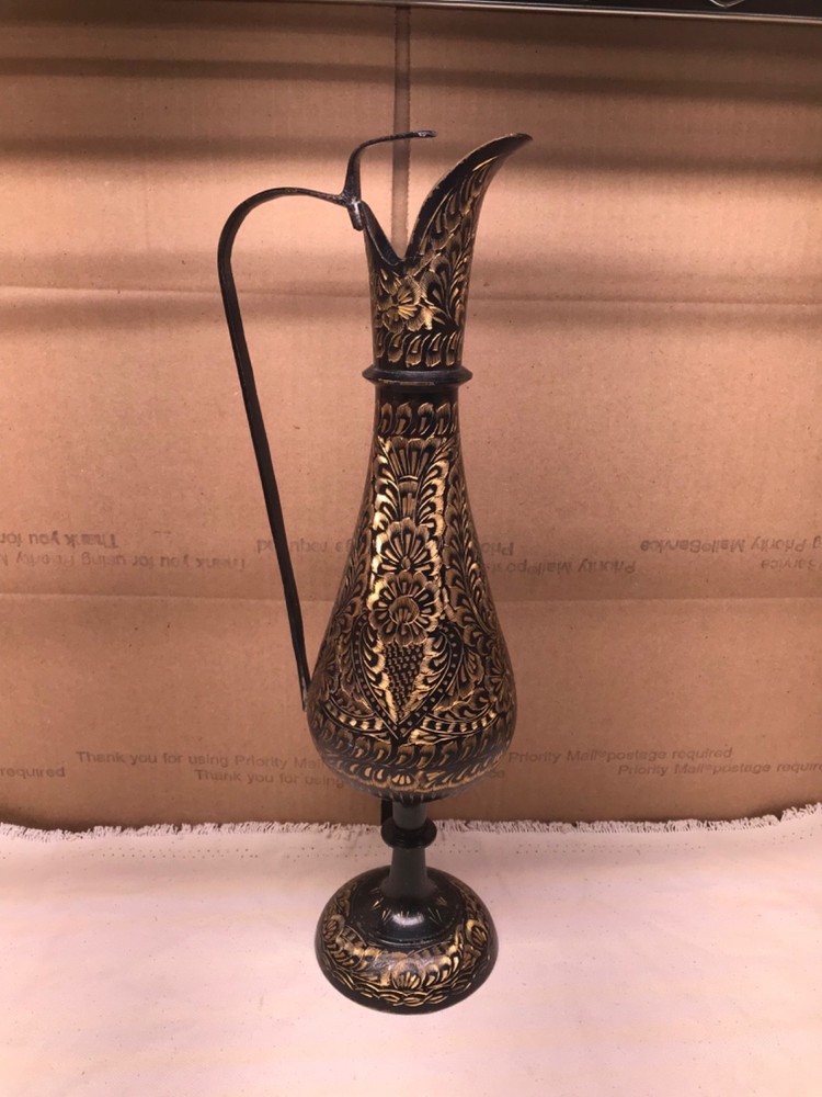 Bidriware style solid brass pitcher large engraved carafe vase