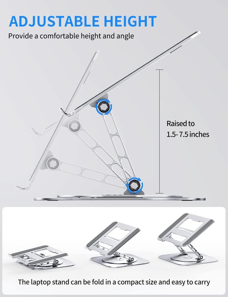 Adjustable Computer Stand with 360 Degree Swivel Base, Silver