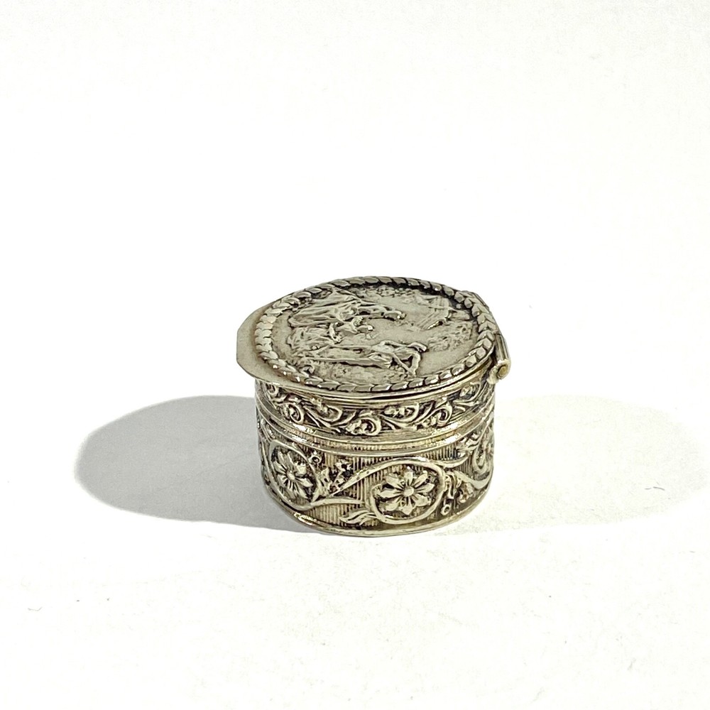 Antique Solid Silver Italian miniature Pillbox , Hallmarked with romantic scene