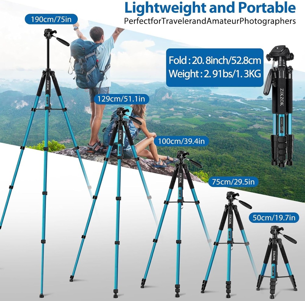 75" Heavy Duty Camera Tripod Stand with Bluetooth Remote - Max Load 15LB, Alumin