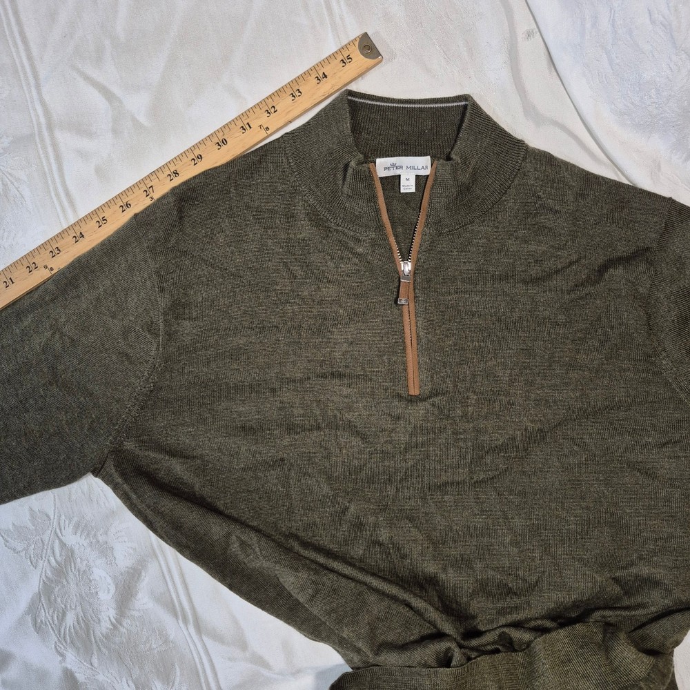 PETER MILLAR 1/4 ZIP MARINO WOOL PULLOVER SWEATER IN OLIVE BROWN MEDIUM