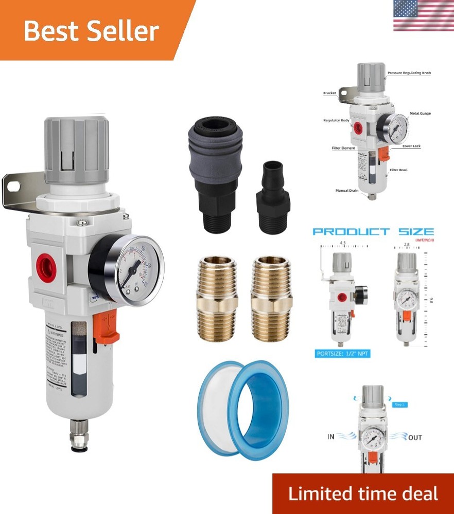 1/2" NPT Compressed Air Filter Regulator Combo with Semi-Auto Drain System
