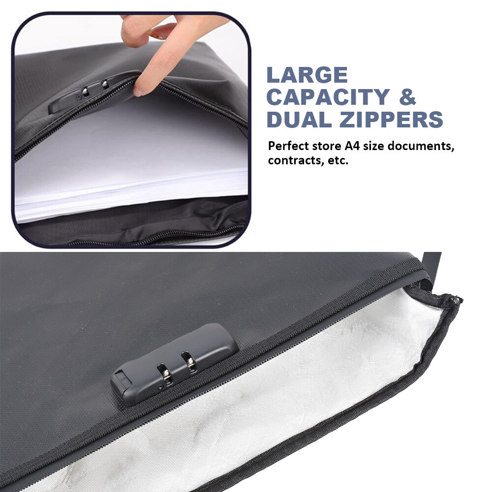 Fireproof Document Bag with Lock Waterproof Storage Organizer Pouch fr File Cash