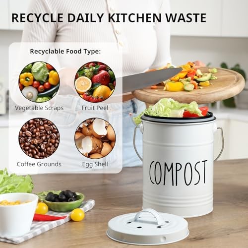 Kitchen Compost Bin, 1 Gallon Countertop Compost Bin with Lid, Indoor Compost